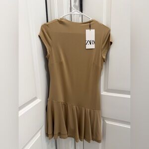 Zara Asymmetrical Tan Midi Dress with Drop Seam